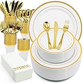 AIRE 175PCS Gold Plastic Plates for Party Supplies Dinnerware Sets for 25 Guests, Disposable Plastic Party Plates, Cups, Spoons, Forks, Knives, Napkins for Wedding Birthday Thanksgiving BBQ Parties