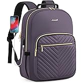 LOVEVOOK Laptop Backpack Purse for Women, Large Capacity Travel Business Computer Work Bag, Quilted Casual Nurse Backpack for Womens, Fit 15.6 Inch Laptop with USB Port, Purple Grey