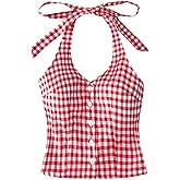 Milumia Women's Gingham Plaid Halter Top Tie Backless Sleeveless Button Front Crop Tank Tops
