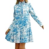 EZAPINE Women Floral Mini Dress Long Sleeve Stand Collar Button Up Elegant Work Swing Short Pleated Dress