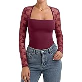 PINKMSTYLE Women Sexy Square Neck Lace Long Sleeve Tops Slim Fit Double Lined Trendy Y2K Going Out Fall Shirts