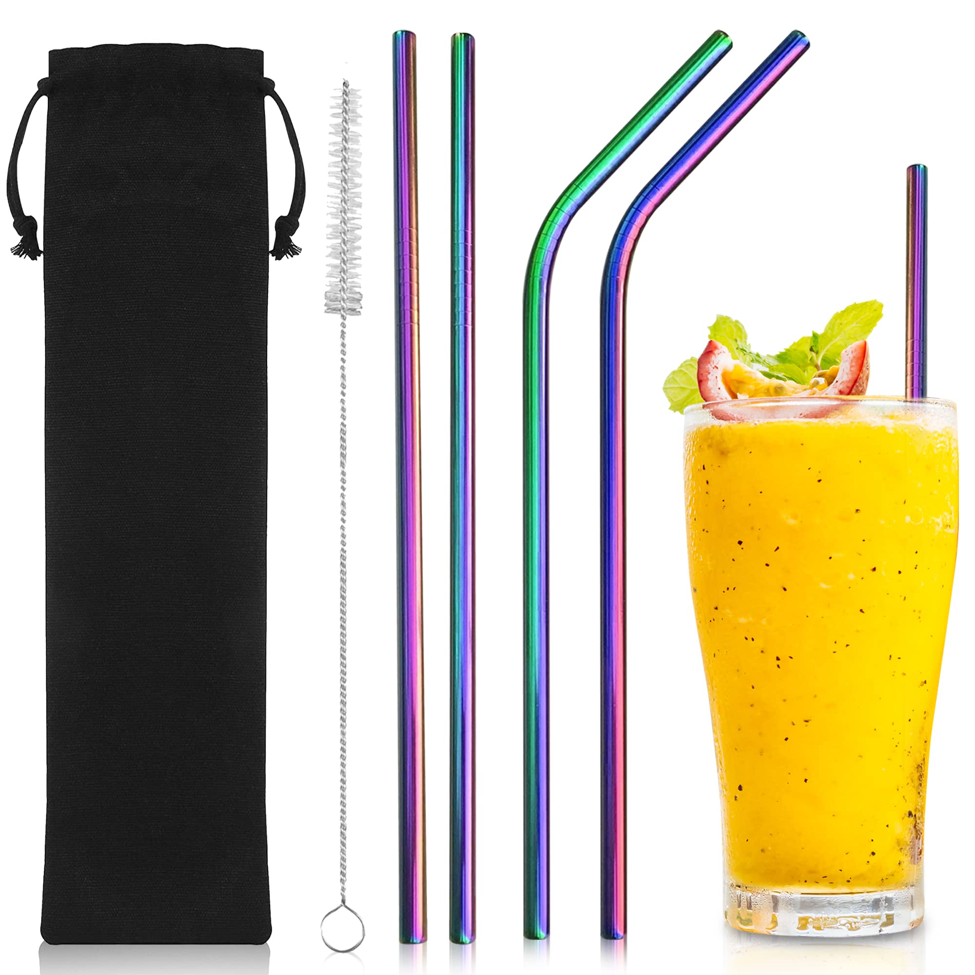 iShop Reusable Stainless Steel Straws Set of 4 Rainbow – Metal Drinking Straws with Cleaning Brush & Velvet Pouch – Dishwasher Safe, BPA-Free, Perfect for Smoothies, Iced Coffee, Juice & Cocktails