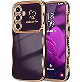 LCHULLE for Samsung Galaxy S24 FE Case for Women Girls, Cute Wave Frame Curly Shape with Love Heart Raised Camera Protection Cover Luxury Plating Shockproof Phone Case for Galaxy S24 FE, Dark Purple