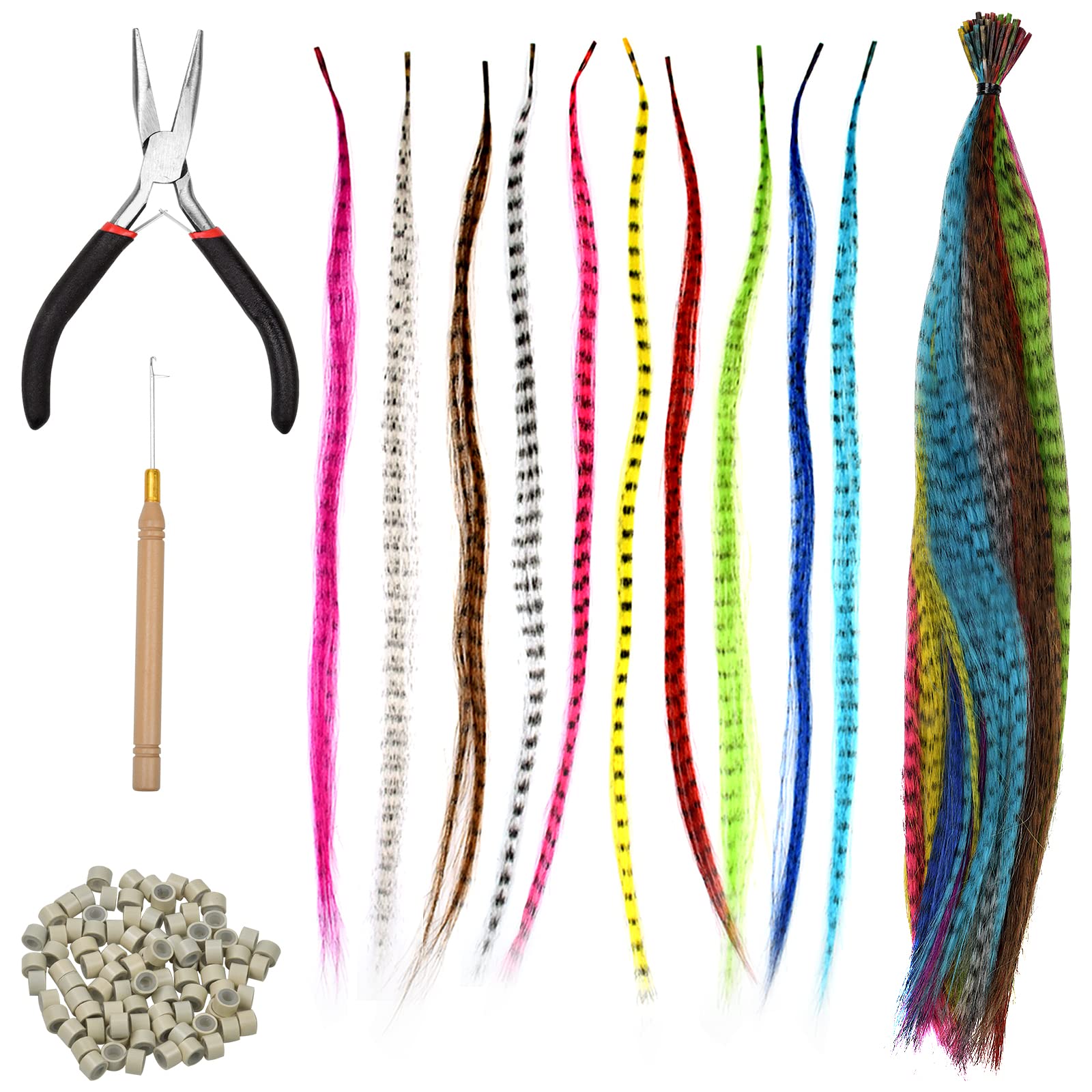 50 Pieces Colored Hair Extensions Kits Synthetic Hair Extension Heat-Resistant Fashion Hairpieces with 100 Beads, Pliers and Hook Cosplay Party Hair Accessories for Girls Women (Mixed Colors)