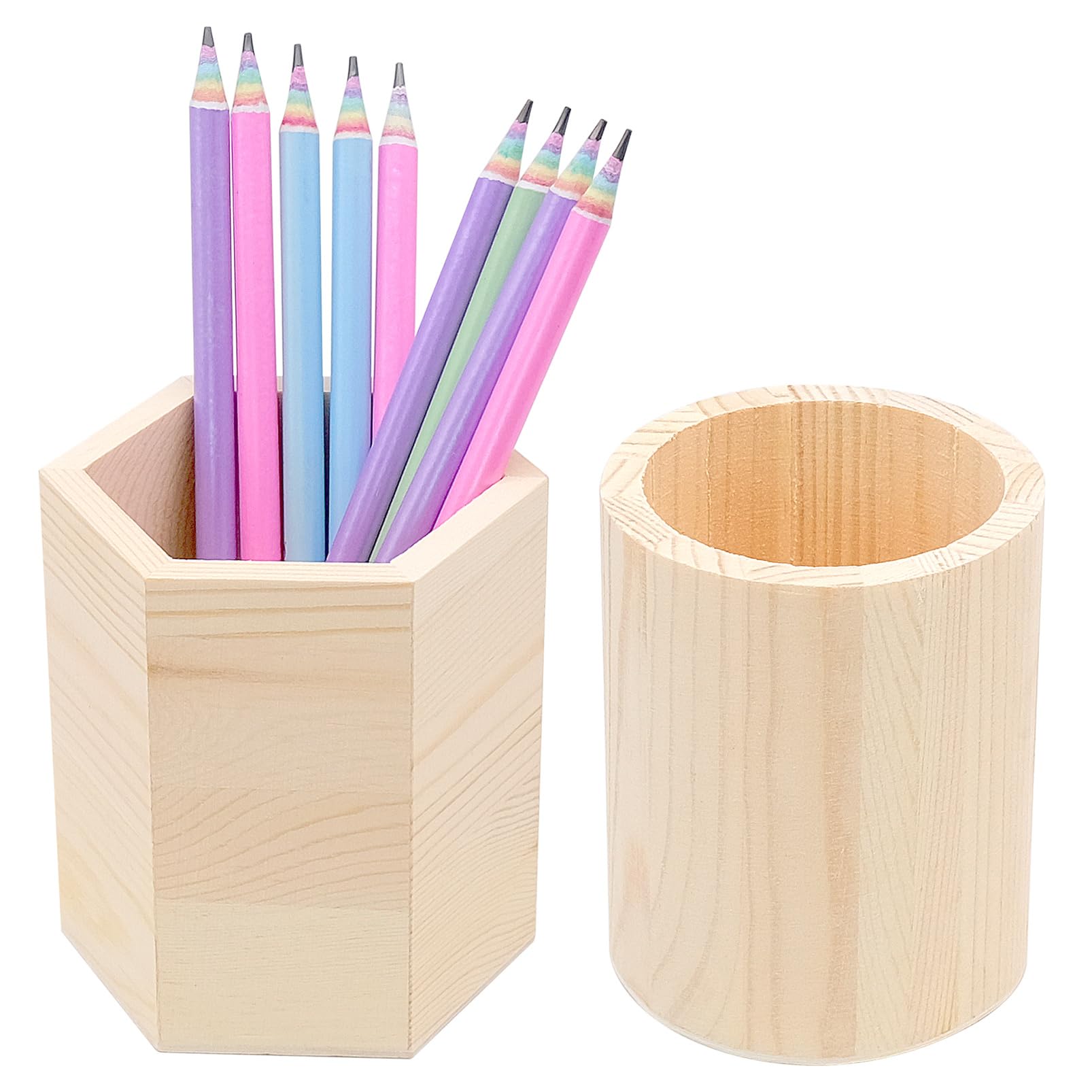 Bakiauli 2 Pcs Pen Pot, Wooden Pen Holder, Round and Hexagon Pen Holder for DIY Small Wooden Gift Office Desk Make-up School