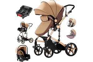 Magic ZC 3 in 1 Baby Travel System Infant Baby Stroller Pushchair High Landscape Reversible Foldable Portable Standard Stroller Newborn Pram Buggy Reclining Baby Carriage (with Base 588 Khaki-1)