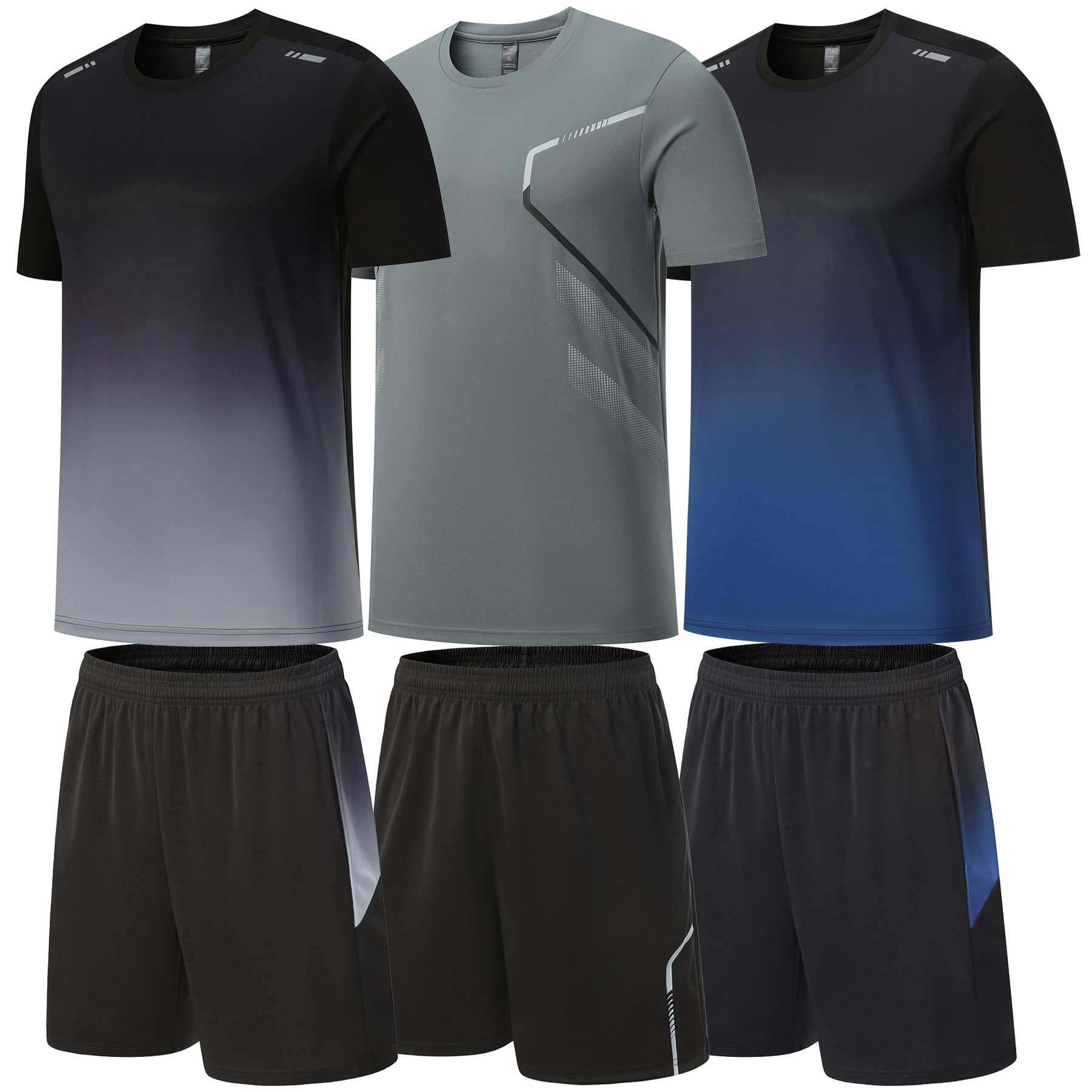 Photo 1 of BOOMCOOL Gym Clothes for Men Workout Shirts Men's Sets Outfits 3 Pack (as1, Alpha, l, Regular, Regular, 6801-Black Gray Blue)