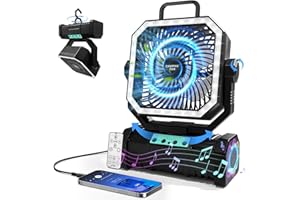 PIYOOPDR Camping Fan with Bluetooth Speaker Portable Fan,20000mAh Rechargeable Battery Powered Fans,Quiet 4-Speeds, 4-LED Light,360° Hanging Hook for Outdoor Picnic Tent Beach Travel Barbecue, Black