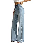 heipeiwa Women's Pearl Rhinestone Jeans Wide Leg Baggy Denim Pants High Waist Sparkle Shiny Sequin Trouser