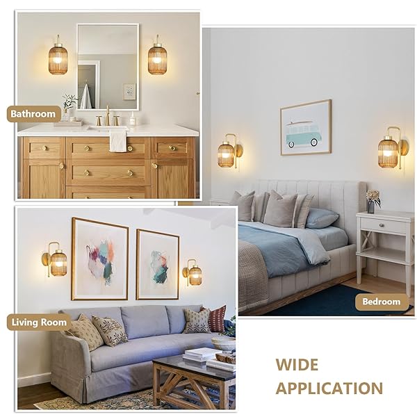 LAMSU VINTAGE GOLD WIRELESS WALL SCONCES BATTERY OPERATED, RECHARGEABLE WALL LIGHTS SET OF 2 WITH AMBER STRIPE GLASS SHADE, REMOTE AND BULB, CORDLESS SCONCES WALL DECOR FOR BEDROOM LIVING ROOM