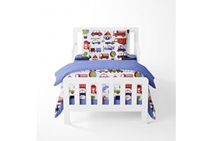 Bacati - Transportation Blue 4 Piece Boys Toddler Bedding Set 100 Percent Cotton Includes Reversible Comforter, Fitted Sheet,