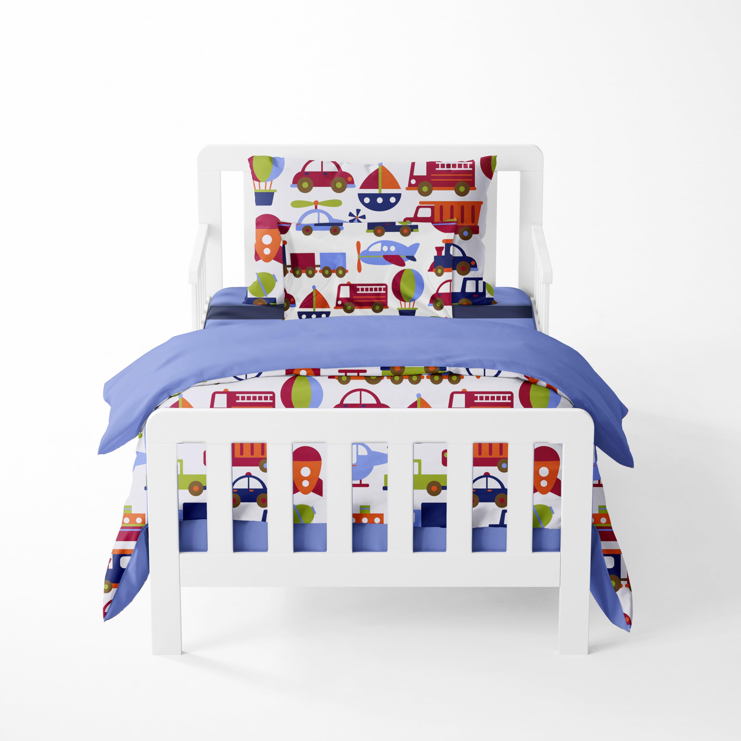 Bacati - Juego de cama para niños pequeños de 4 piezas, color azul transporte, 100% algodón, incluye edredón reversible, sábana ajustable, sábana encimera y funda de almohada para niños