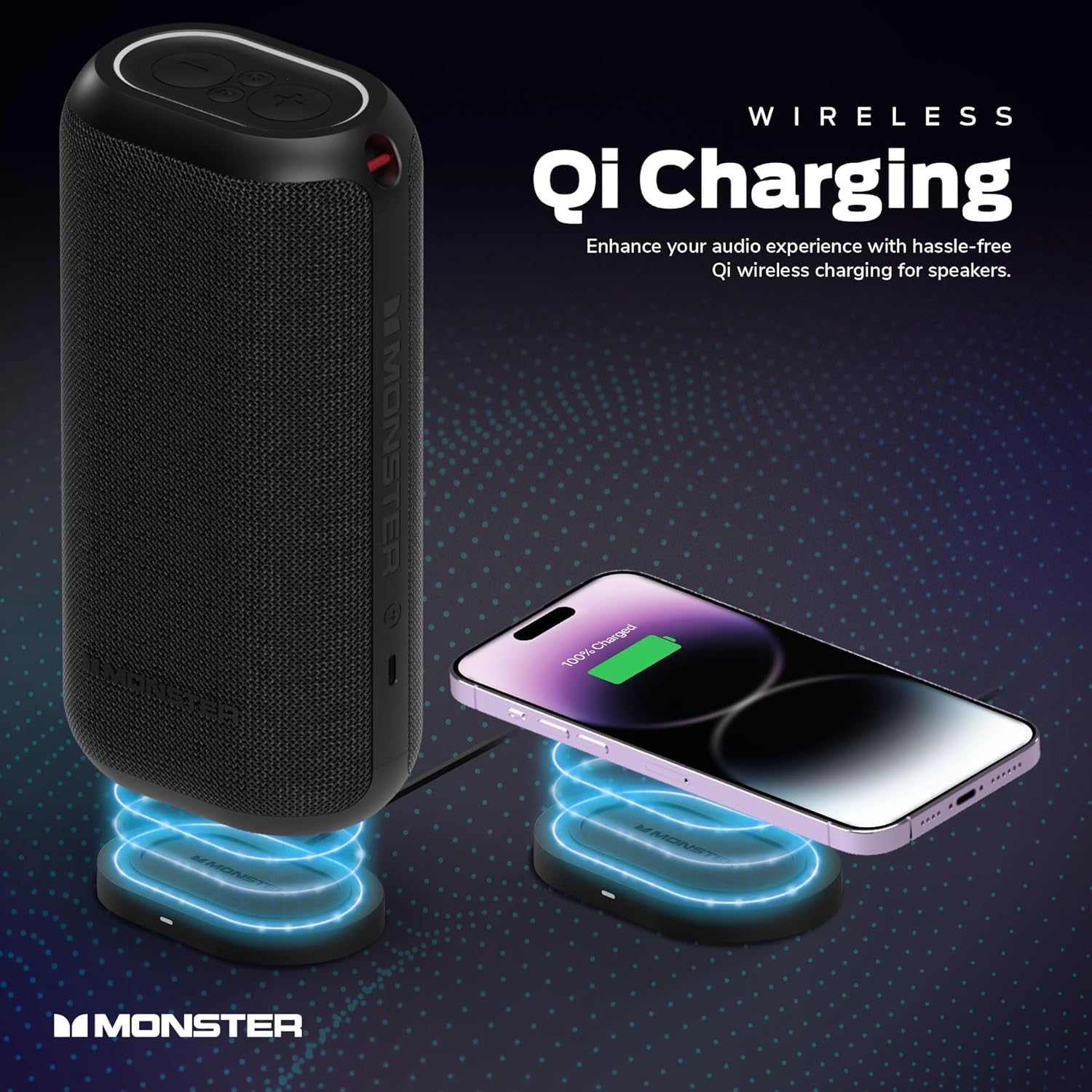 Monster DNA Max Portable Bluetooth Speaker, Loud Portable Speaker with 360 Bass Sound and 10W Qi Certified Wireless Charging Pad, IP67 Waterproof- for Travel, Indoor and Outdoor Use