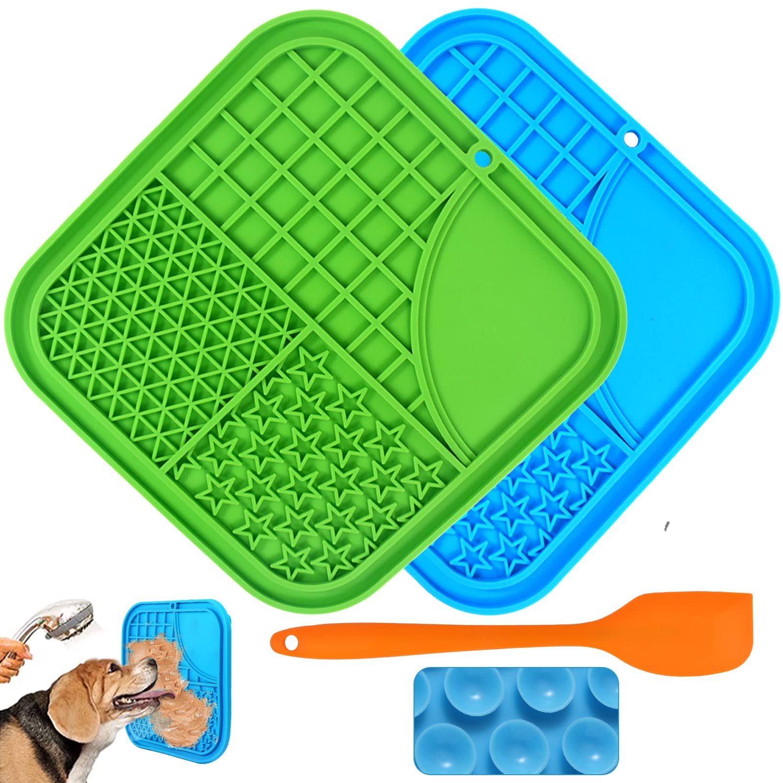 Bikirin Licky Mats for Dogs, 2 Pack Dog Lick Mats with Suction Cup for Boredom and Anxiety Relief, Slow Feeding Lick Mats for Dogs with 1 Spatula Perfect for Bathing, Grooming and Training (BPA-free)