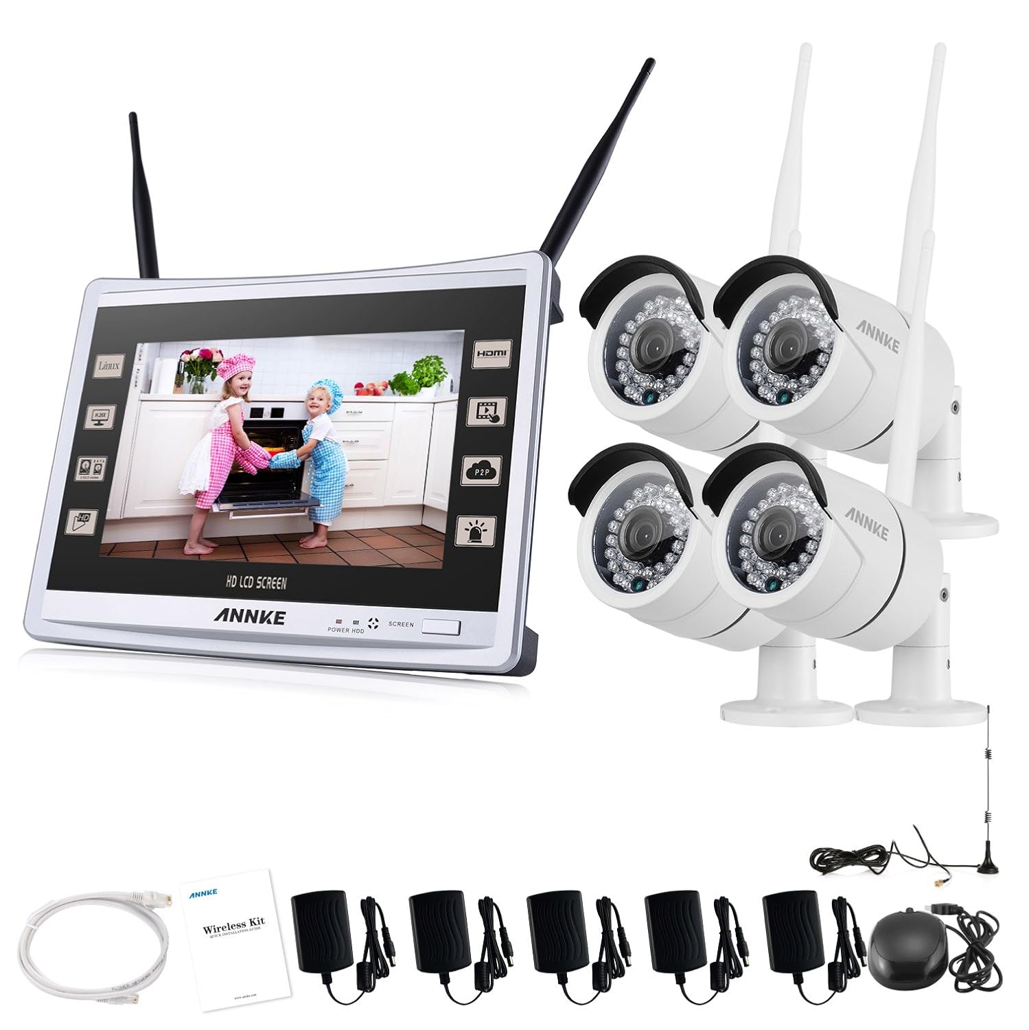 超人気の Annke 防犯カメラセット130万画素 ワイヤレス Wifi モニター付き4ch防犯レコーダー 4台無線カメラ960p 屋外型室内型 防水防塵 日本語メニュー Cctv セキュリティカメラシステム 暗視機能 モーション機能 メール警報 スマホ遠隔監視 Hddなし B072jytspm Hdd