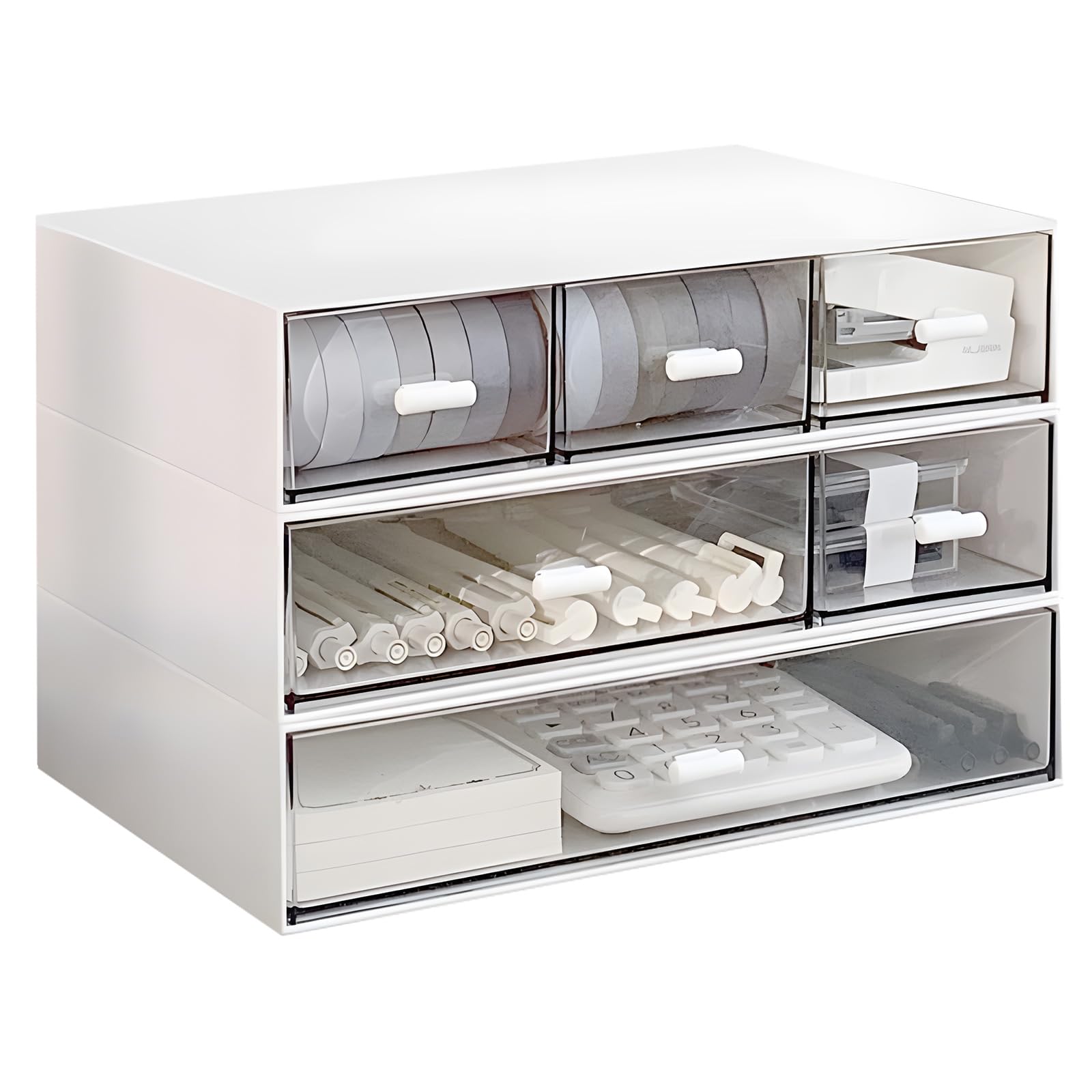 Desktop Organizer, Stackable Organizer Desktop Drawers, Plastic Storage Drawers, Desktop Storage Box Drawer for Collection Small Item/Cosmetic Office Organization-6 Drawers (White) Large Capacity