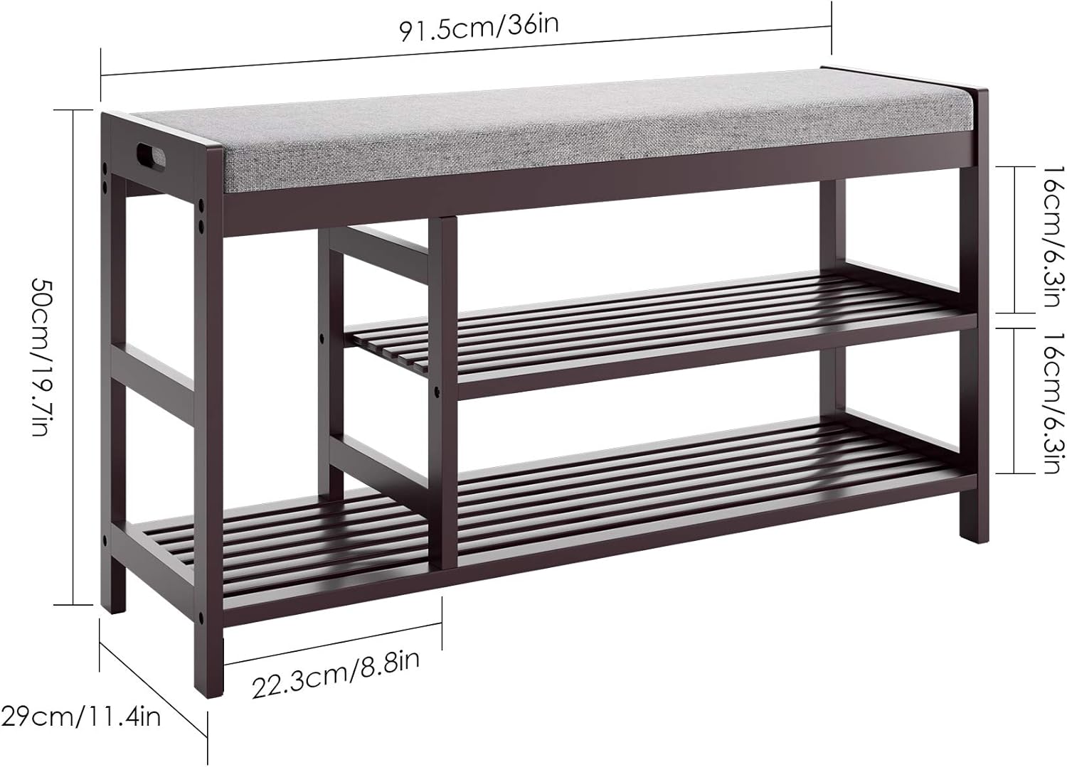 HOMECHO Shoe Rack Bench - (36" Lx11.4 W), Bamboo Entryway Bench, Modern 3 Tier Shoe Rack with Storage and Foam Pad Seat for Hallway Living Room Bedroom Corridor, Dark Brown: Kitchen & Dining