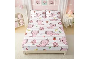 QOOMO Funny Axolotl Bedding for Boys and Girls Pink Striped Silky Soft Microfiber Bed Sheets Marine Life Soft Kids Bedding Set Twin Size 1 Fitted Sheet, 1 Flat Sheet, 2 Pillow Cases