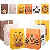GWHOLE 12 Pack Jungle Animal Themed Candy Goodie Bags, Kraft Paper Treat Bags with Handles for Baby Shower Kids Birthday Party Safari Favors