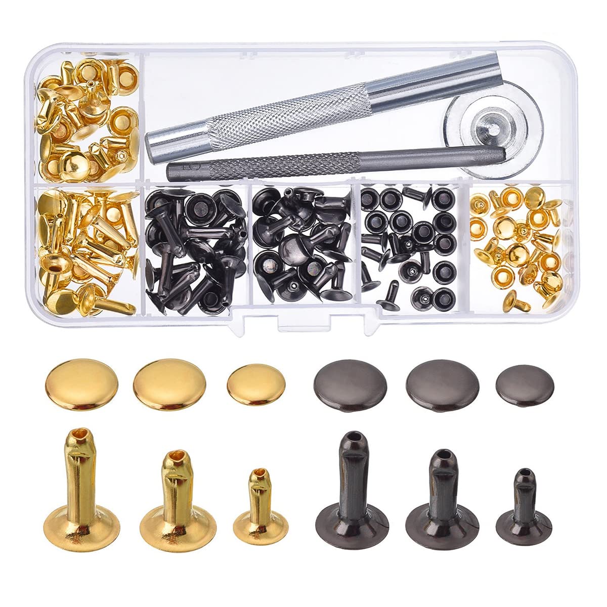 Tiardey 3 Sizes,120Set Rivets Single Cap Rivet Tubular Metal Studs with Fixing Tool Kit for Leather Craft Repairs Decoration(Two-Color)