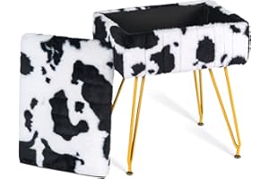 MOOWIND Multifunctional Vanity Stool Chair for Vanity, Padded Seat, Storage Ottoman in Rectangle Fuzzy Fluffy Design, Footrest and 4 Gold Legs for Makeup Room, Bedroom, Living Room, Cow