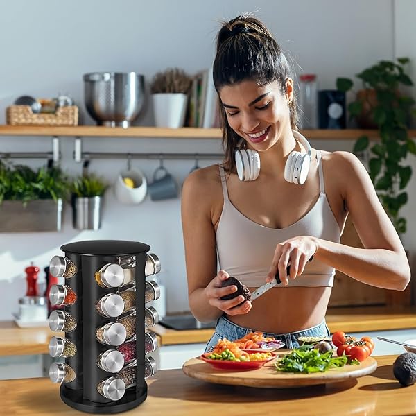 EBIZ&TECH 20-JAR STAINLESS STEEL ROTATING SPICE RACK WITH NON-SLIP BASE – KITCHEN COUNTERTOP ORGANIZER FOR EASY ACCESS AND STORAGE OF SPICES (BLACK)
