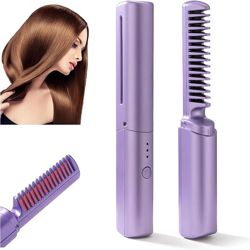 Lonnalee Rechargeable Mini Cordless Hair Straightener Brush 2-in-1 Negative Ion