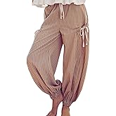Bellesumyee Womens Harem Jogger Pants Striped Drawstring Loose Fit Wide Leg Low Waist Comfy Casual with Pockets