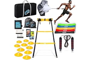 Invincible Fitness 20ft. Agility Ladder Set - Includes 10 Cones, 5 Loop Bands, Resistance Parachute, Jump Rope, & Carry Bag -