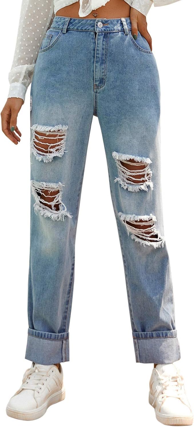 Ripped Jeans Damen Baggy Straight Bootcut Jeans Hellblau Übergröße Mid Waist Stilvoll mit