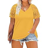 DOLNINE Plus-Size-Tops for Women Summer V Neck Casual Shirts Lace Short Sleeve Tees