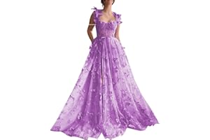 PEIYJYUSP 3D Butterfly Tulle Prom Dresses for Women 2025 Lace Applique Princess Prom Dress Long Ball Gown with Slit