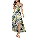 IHOT Women's Summer Floral Maxi Dress Spaghetti Strap V Neck Twist Front Slit Flowy A Line Sundress Casual Vacation Dresses