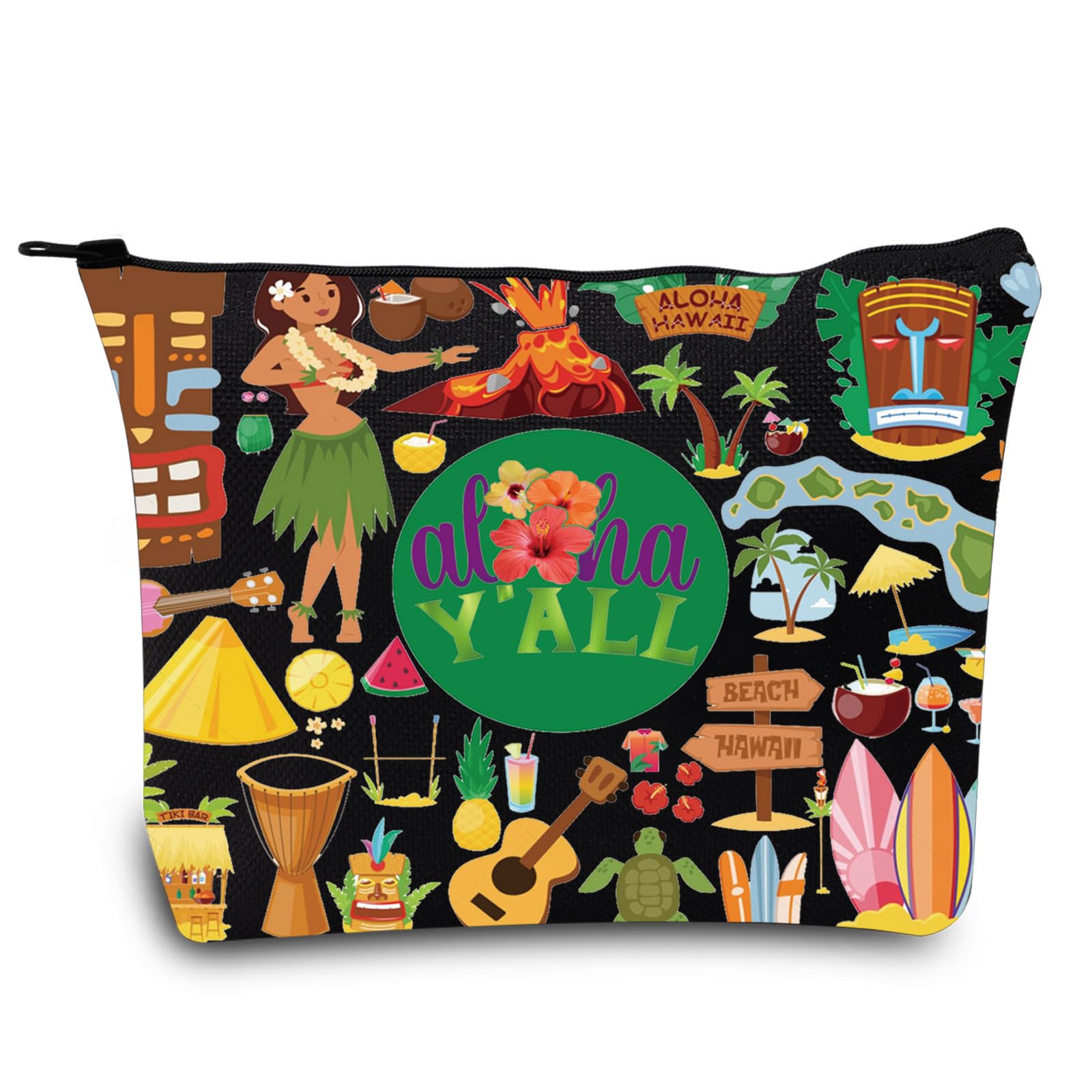 LEVLO Aloha Hawaii Holiday Cosmetic Make Up Bag Hawaii Travel Gift Hawaii Beach Guitar Zipper Pouch Bag Aloha Hawaiian Party Gift, Aloha Y'all Black, Cosmetic Bag