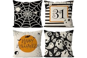 GAGEC Halloween Pillow Covers 18x18 Inch Set of 4 Spider Web Ghost Pillowcase Black Stripe Holiday Farmhouse Throw Pillows Indoor Outdoor Couch Cushion Case for Home Sofa Decor