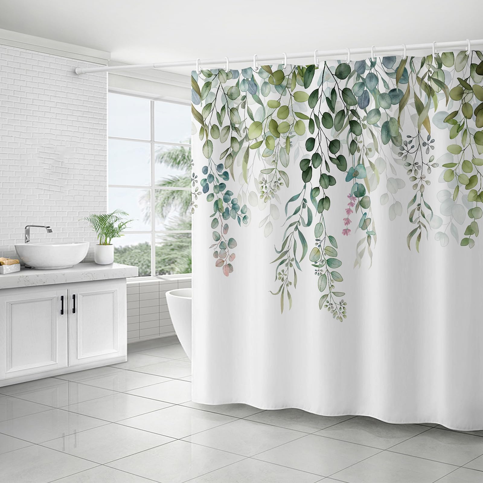 FAIRYGATE Extra Long Shower Curtain Sage Green Leaves Shower Curtains Weeping Willows White Background Bathroom Curtain Waterproof Polyester Fabric Set B9421