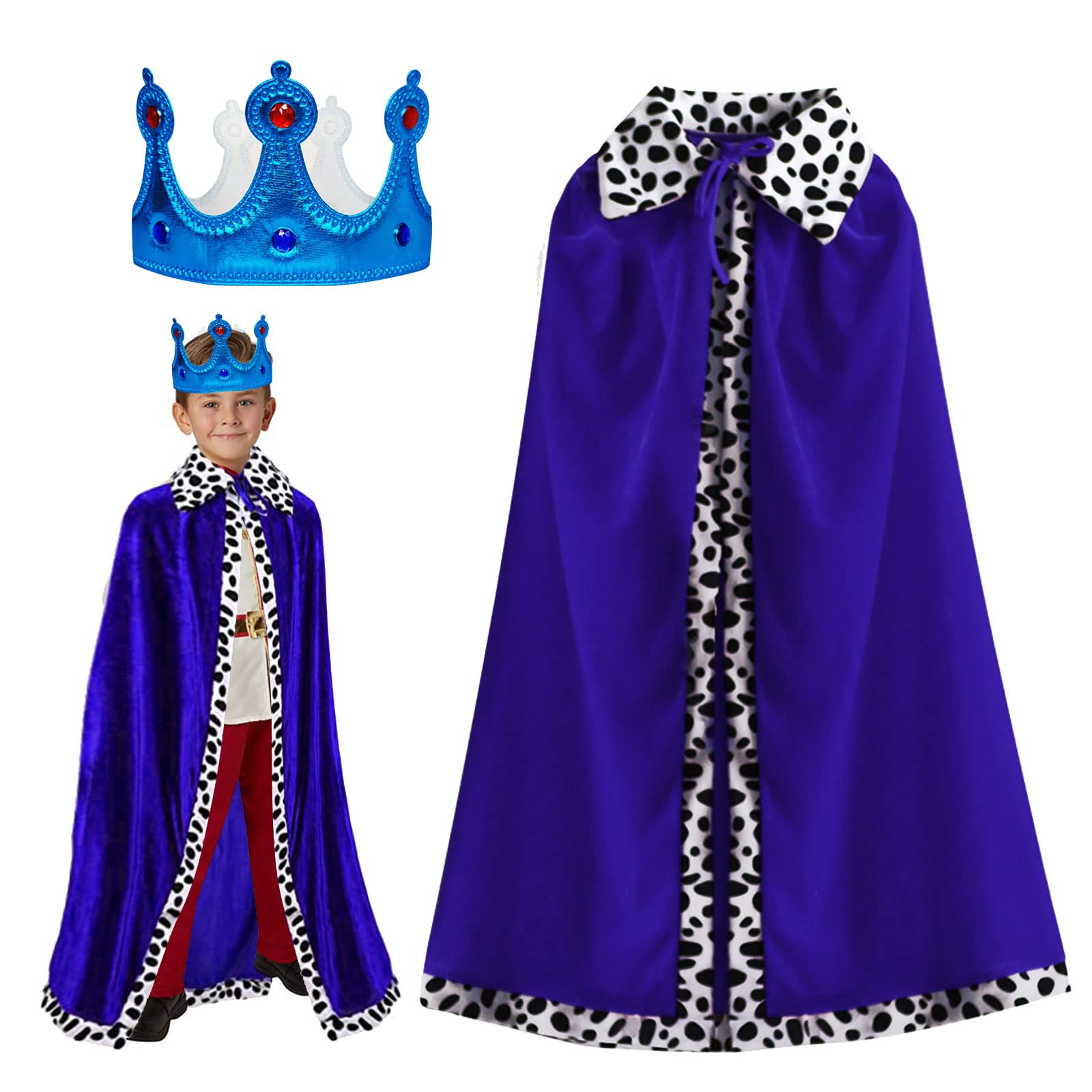 TSHAOUN King Costume for Kids 2 Pcs Set Prince Cloak with Crown King Queen Cape Medieval Prince Costume for Role Play, Party Dress Up, Halloween, Carnival, Coronation, Stage Performance, 80cm (Blue)