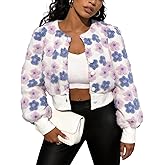Flygo Women's Cropped Floral Print Bomber Jacket Warm Fleece Varsity Jacket Casual Button Down Puff Sleeve Coat Outerwear
