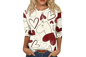 WUJIJIA Valentine Day Shirts for Women,Women's Fashion Casual Loose Regular 3/4 Sleeve Valentine's Day Plants Round Neck Top
