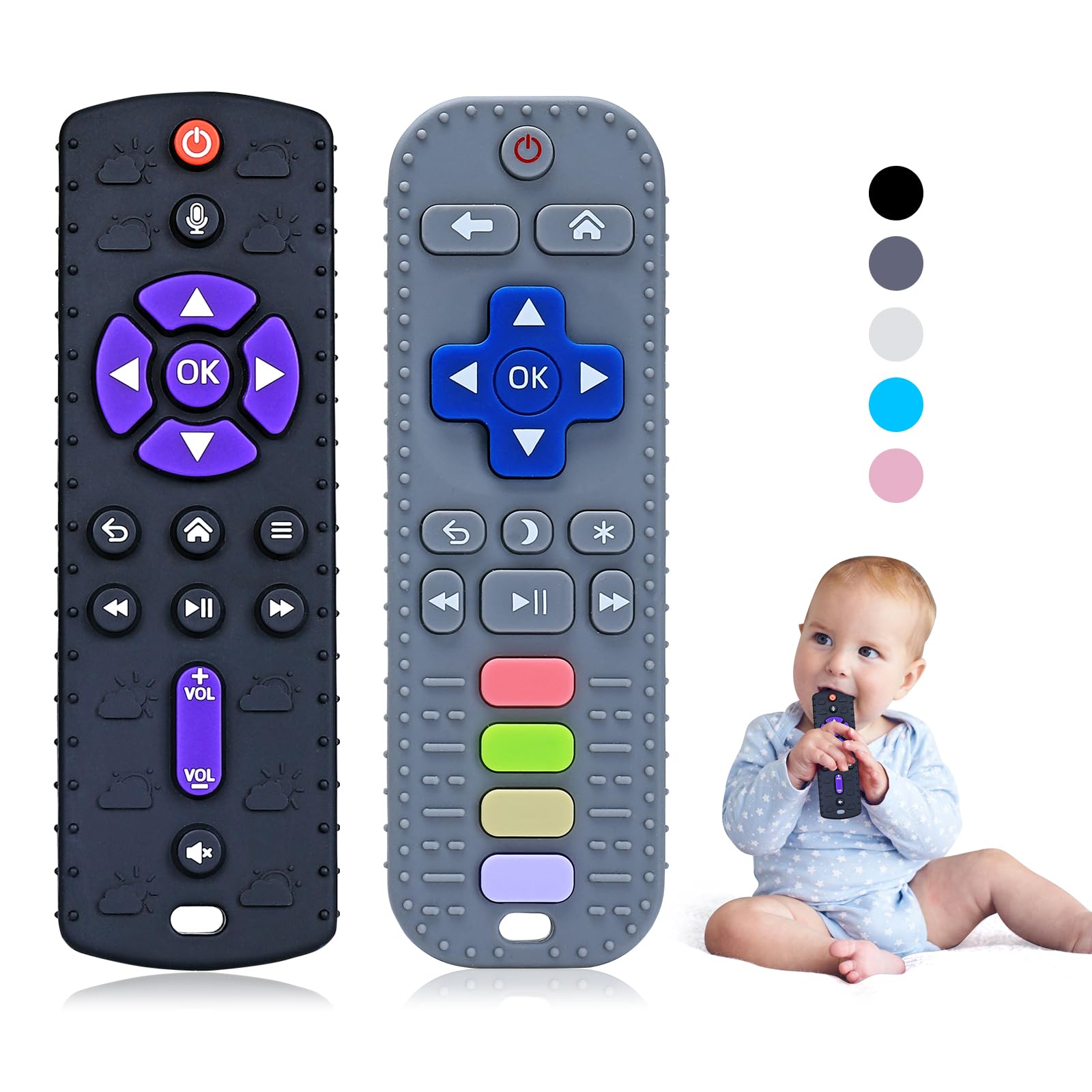 Orzbow Silicone Teething Toys for Baby, 2 Pack Remote Control Shape Baby Teether with Pushable Buttons for 0-6 Months, Early Educational Baby Sensory Chew Toy with Dummy Clip, Black & Grey