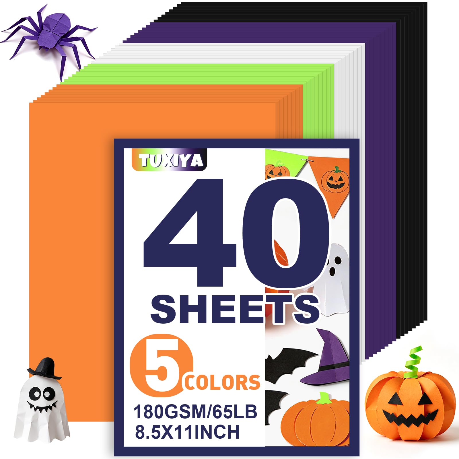 TUXIYA 40 Sheets 8.5" X 11" Colored Cardstock, 5 Colors Card Stock | 180GSM/65LB Construction Paper,Halloween Cardstock Print