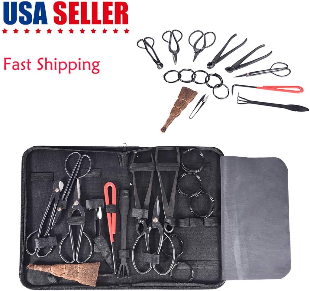 ASfairy 10 Piece Bonsai Tools Kit with Case, Carbon Steel Scissor Cutter Shear Set Garden Plant Tools Shears Tree Nylon Case