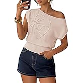 ZESICA Women's Summer Off Shoulder Floral Sweaters 2026 Cap Sleeve Loose Knit Cute Pullover Tops Trendy Clothes