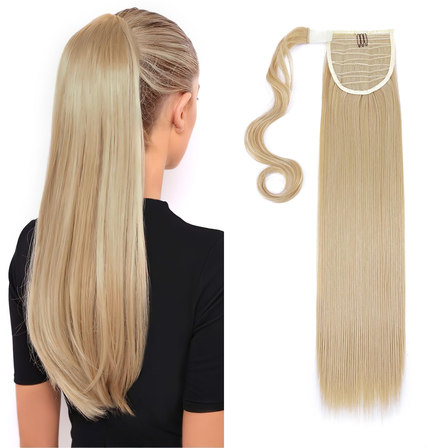 S-noilite 23" Long Straight Wrap around Ponytail Extensions Clip in Ponytail Hair Extensions Hairpiece for Women for Daily Use Dark Blonde mix Bleach Blonde — image 1
