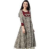 Yash Gallery Women's Cotton Kalamkari Print Indian Round Neck and 3/4 Sleeve Tassel Kurta