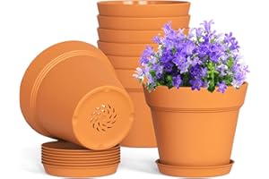 WSMKSZ 4 Inch Plastic Plant Pots with Drainage Holes and Trays – 8 Pack Small Nursery Pots for Indoor & Outdoor House Plants and Flowers, Seedling Starter Planters, Terracotta