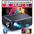 Projector, CLOKOWE 10000L 1080P HD 5G WiFi Bluetooth Projector, Portable Movie Projector with Screen, Home Theater Video Projector Compatible with Android/iOS/TV Stick/PS4, Support 4K&300”