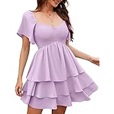 Florboom Women's Square Neck Sexy Dress Flutter Short Sleeve Smocked Layered Boho Holiday Swing Vacation Mini Dresses (Purple, L)