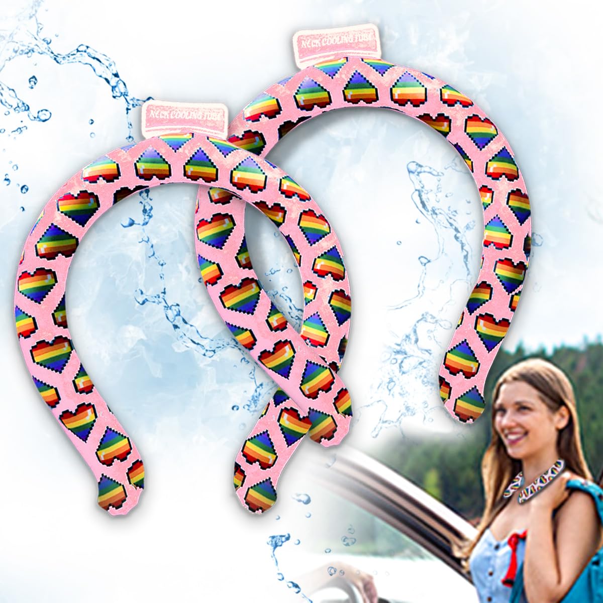 Photo 1 of Neck Cooling Tube, Speed Cooler, Wearable Cooling Neck Wraps, Reusable Neck Cooler, Heat Cooling Cold Pack, Summer Heat Relief for Hot Flashes and Fever, 2pcs (Love Rainbow-Pink)