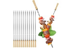 JOWHONK Kabob Skewers,23.6 inch Flat Skewers for Grilling with Wooden Handle,Reusable Stainless Steel Metal BBQ Barbecue Skewer,Shish kebab Stick Set for Meat Shrimp Chicken Vegetable-12PCS.